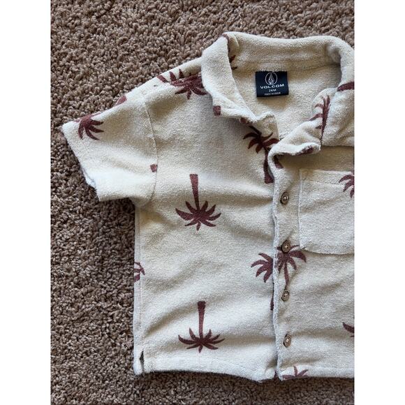 Volcom Beige Brown Tropical Palm Hawaiian Terry Cloth Button Up Shirt Boy 24M - Picture 2 of 12